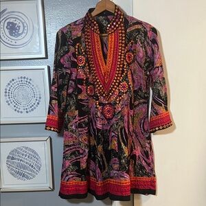 Key Lime & Pink Women’s Size M Vibrant Multicolor Embellished Tunic Top